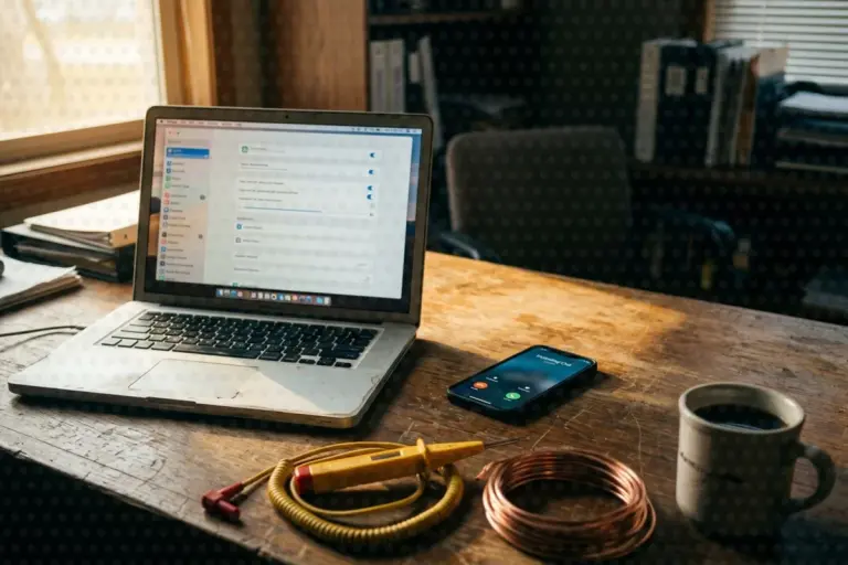 A contractor's desk in morning light: a laptop with settings toggles, a phone ringing with an incoming call, a voltage tester and a coil of copper wire